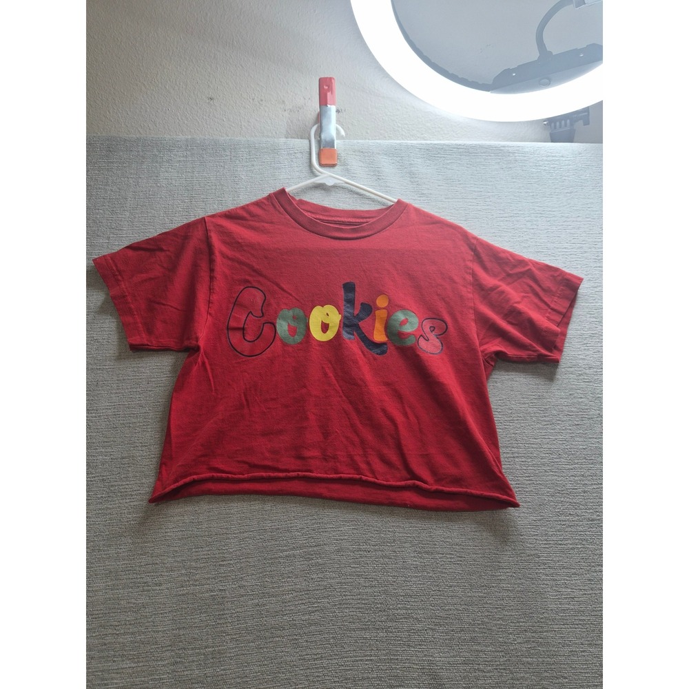 Cookies Cropped T-Shirt Womens Small Red Cotton Spellout Logo Round Neck Casual